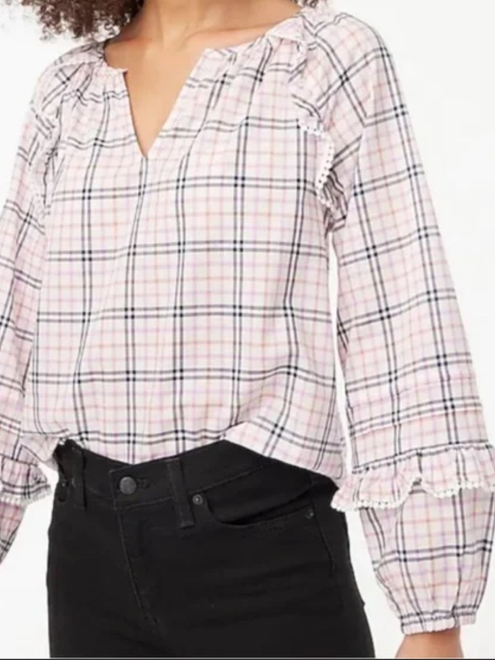 J. Crew Cotton Pink & Navy Plaid Ruffle Lace Trim Peasant Boho Top Blouse Sz L
